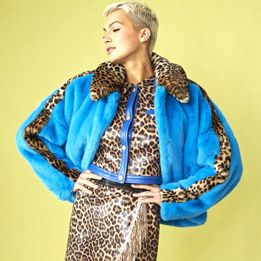 Blue and Leopard Print Faux Fur Coat
