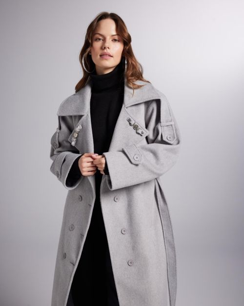 Accessorized Wool Blended Cashmere Maxi Woody Grey Coat