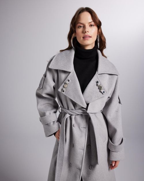Accessorized Wool Blended Cashmere Maxi Woody Grey Coat