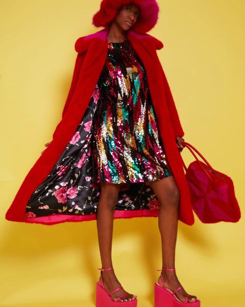 Bamboo Faux Fur Red Midi Coat with Pink Collar
