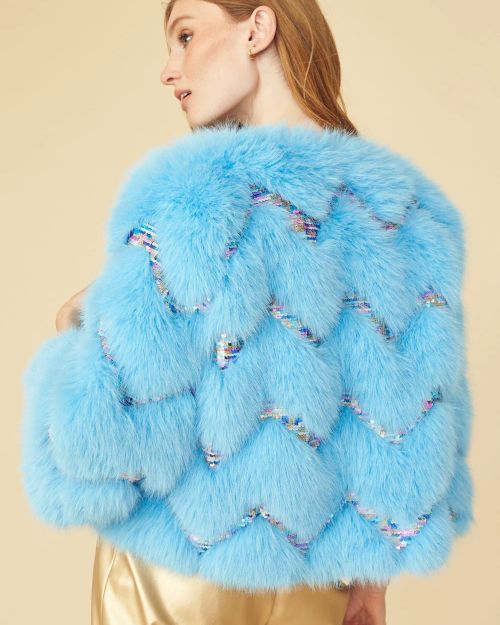 Bamboo Sequin Eco Faux Fur Coat in Blue