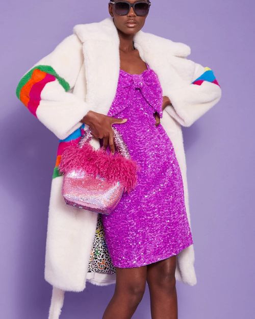 Bamboo Sequin Pink Faux Fur Bag