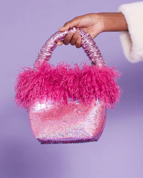 Bamboo Sequin Pink Faux Fur Bag