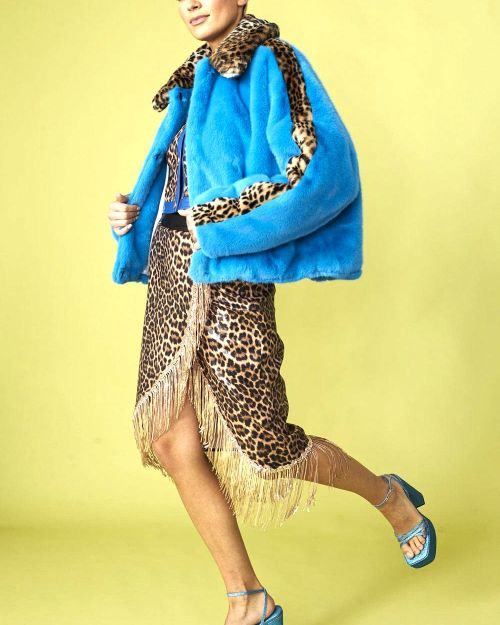 Blue and Leopard Print Faux Fur Coat