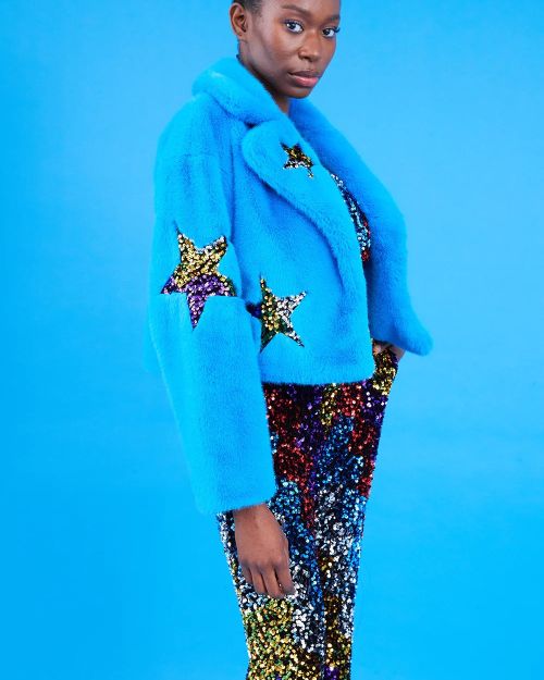 Blue Bamboo Faux Fur Sequins Star Jacket