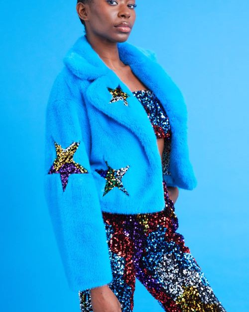 Blue Bamboo Faux Fur Sequins Star Jacket