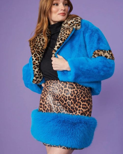 Blue Faux Fur Cropped Jacket With Leopard Print Collar
