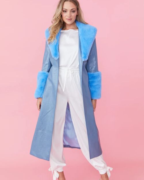 Blue Faux Leather Jacket with Detachable Faux Fur Cuffs and Collar