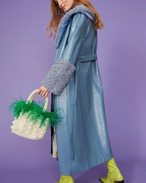 Blue Faux Leather Trench Coat with Detachable Faux Mongolian Collar and Cuffs