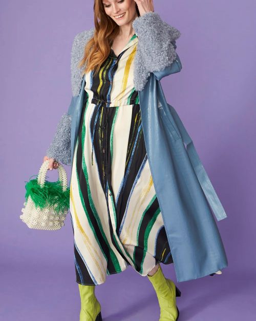 Blue Faux Leather Trench Coat with Detachable Faux Mongolian Collar and Cuffs