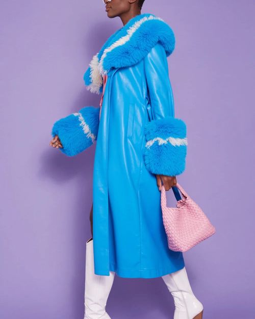 Blue Faux Leather Trench Coat with Faux Fur Collar