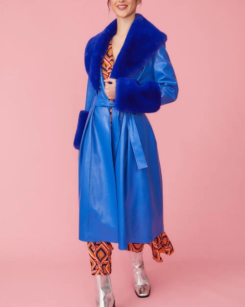 Blue Faux Leather Trench Coat with Faux Fur Collar and Cuffs