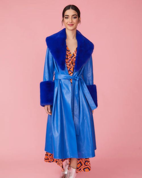 Blue Faux Leather Trench Coat with Faux Fur Collar and Cuffs