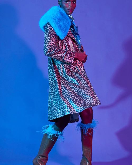 Blue Faux Suede Trench Coat with Faux Fur Collar