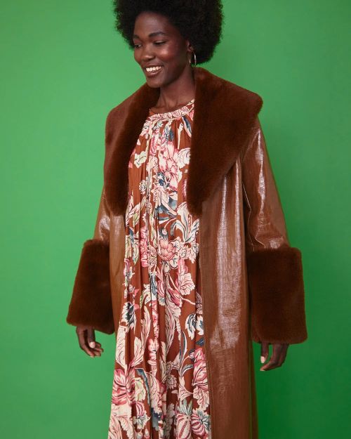 Chocolate Faux Leather Jacket with Detachable Faux Fur Cuffs and Collar