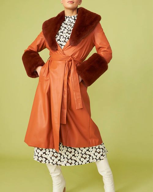 Chocolate Faux Leather Trench Coat with Faux Fur Collar and Cuffs