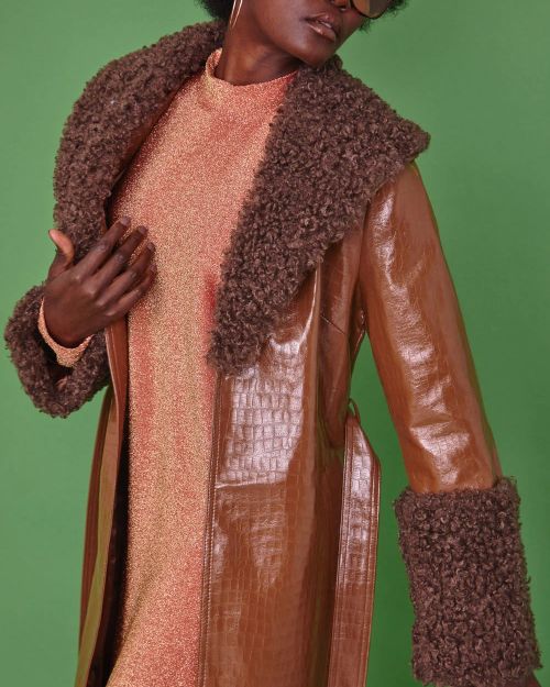 Chocolate Faux Leather Trench Coat with Faux Shearling Collar and Cuffs