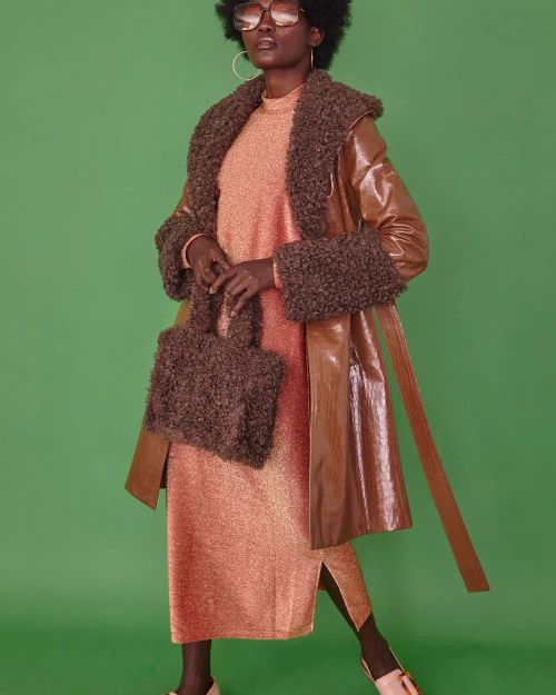 Chocolate Faux Leather Trench Coat with Faux Shearling Collar and Cuffs