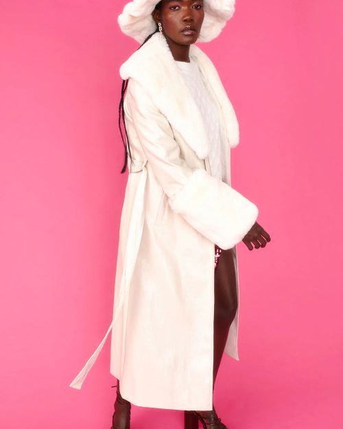 Cream Faux Leather Jacket with Detachable Faux Fur Cuffs and Collar