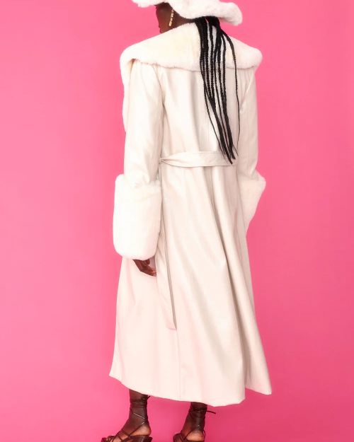 Cream Faux Leather Jacket with Detachable Faux Fur Cuffs and Collar