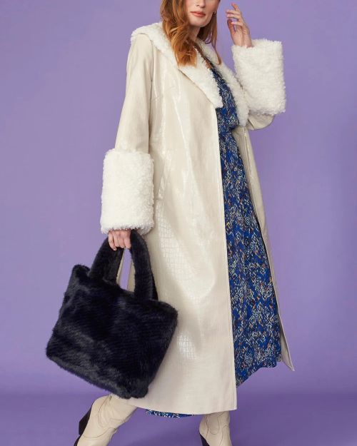 Cream Faux Leather Trench Coat with Detachable Faux Mongolian Collar and Cuffs