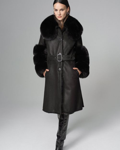 Black Genuine Maxi Lambskin Overcoat with Arctic Black Fox Fur Collar and Cuffs