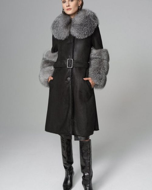 Black Genuine Maxi Lambskin Overcoat with Arctic Silver Fox Fur Collar and Cuffs
