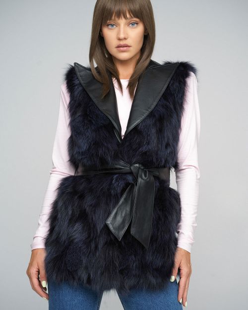 Purple Genuine Fox Fur Vest with Leather Belt