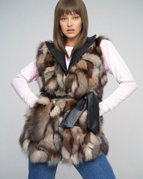 Brown Genuine Fox Fur Vest with Leather Belt