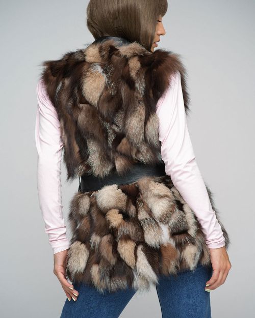 Brown Genuine Fox Fur Vest with Leather Belt