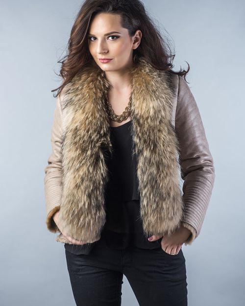 Beige Merino Shearling Jacket with Racoon Fur Collar