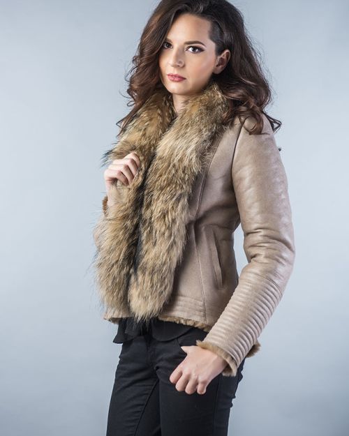 Beige Merino Shearling Jacket with Racoon Fur Collar