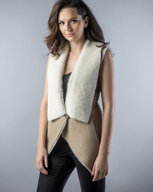 Beige Genuine Nappa Lambskin Merino Fur Vest