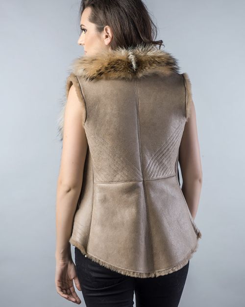Beige Lamb Nappa Leather Vest with Raccoon Fur Detailing