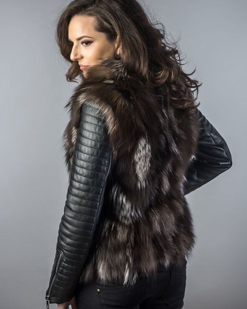 Brown Silver Genuine Arctic Fox Fur Lamb Nappa Leather Jacket