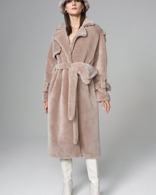 Pink Genuine Lamb Fur Overcoat with Fanny Pack