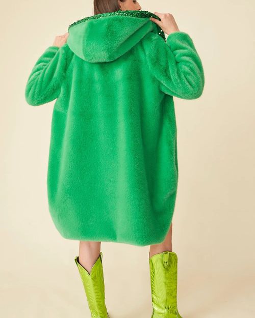 Green Faux Fur Sequins Trim Hooded Maxi Coat