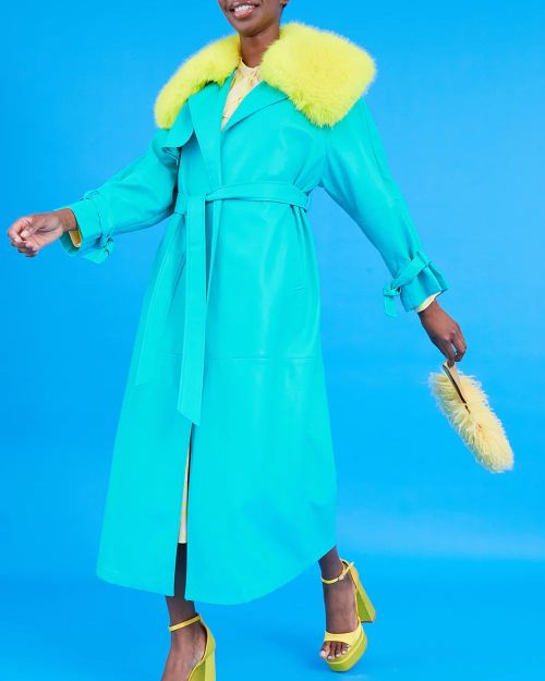 Blue Eco Leather Faux Fur Collar Trench Coat