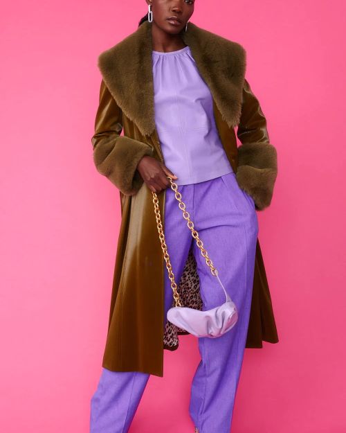 Green Faux Leather Trench Coat with Faux Fur Collar and Cuffs