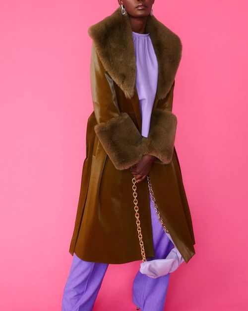 Green Faux Leather Trench Coat with Faux Fur Collar and Cuffs