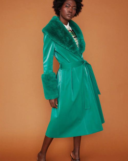 Green Faux Suede Trench Coat with Faux Fur Collar and Cuffs