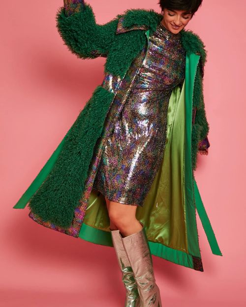 Green Knitted Bamboo Eco Leather Shearling Coat