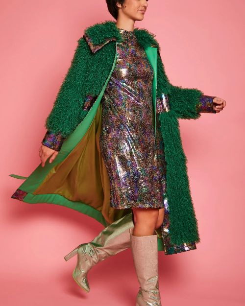 Green Knitted Bamboo Eco Leather Shearling Coat