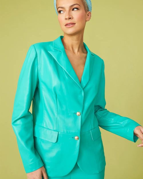 Green Tencel Rayon Blend Leather Blazer