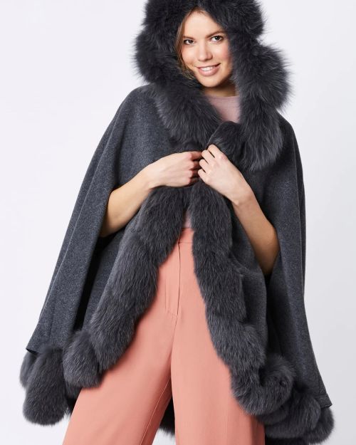 Grey Cashmere Hooded and Fox Fur Cape Coat