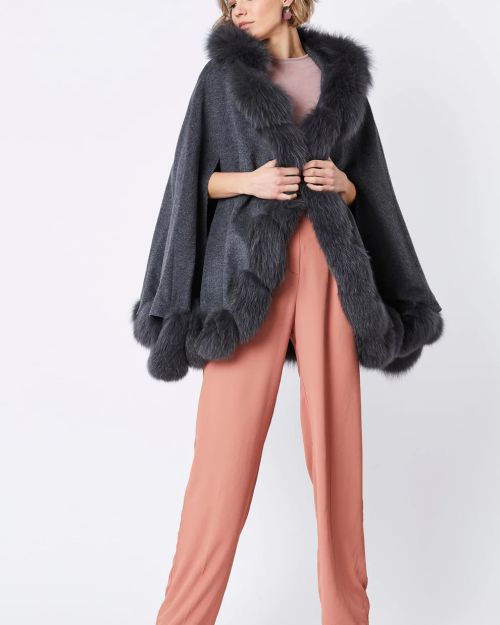 Grey Cashmere Hooded and Fox Fur Cape Coat