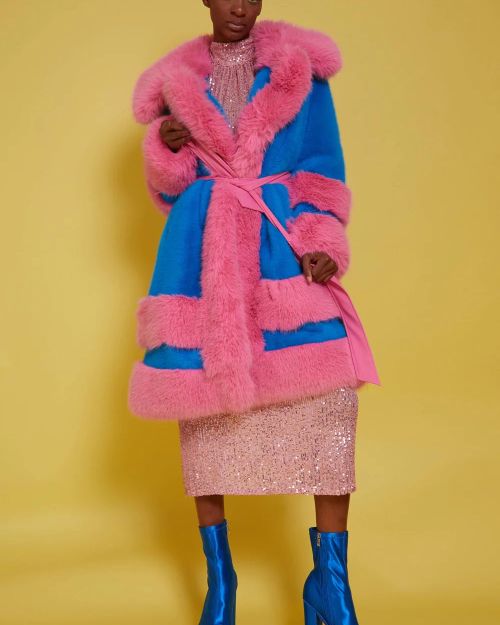 Handmade Bamboo Pink – Blue Faux Fur Coat