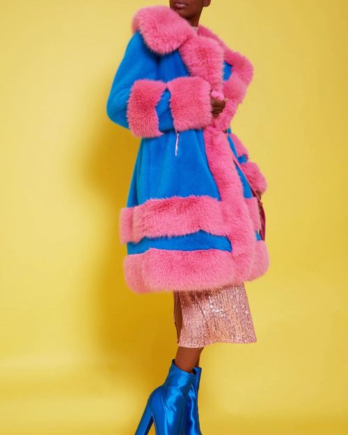 Handmade Bamboo Pink – Blue Faux Fur Coat