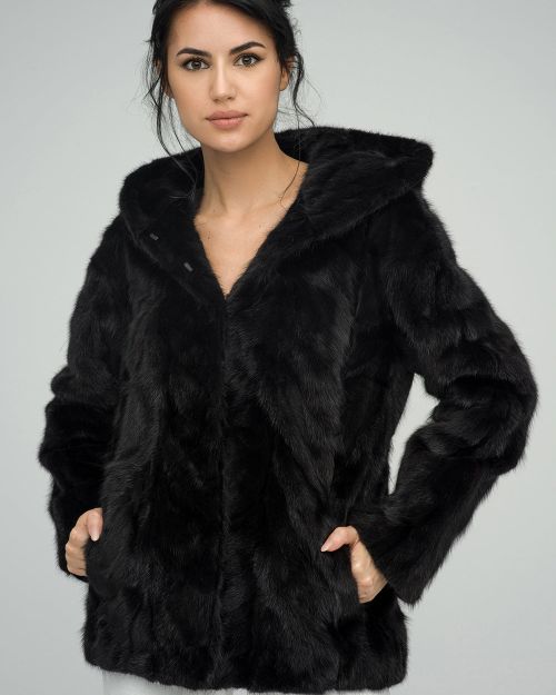 Black Genuine Hooded Mink Fur Coat