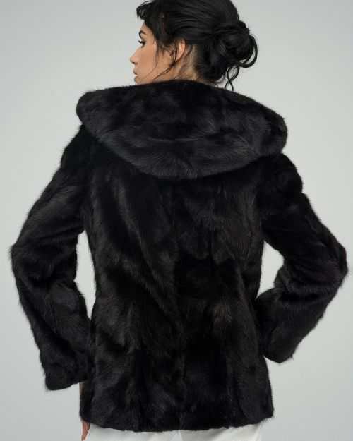Black Genuine Hooded Mink Fur Coat